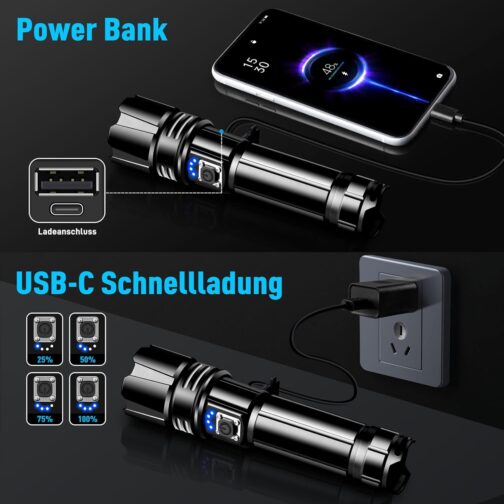 Glarylight XHP70.2 LED Rechargeable Torch 500000 Lux LED Torch Extremely Bright with 5 Modes & Zoomable & IPX7 Waterproof, Strong Torches for Camping, Hiking, Emergencies (Pack of 2) – Bild 4