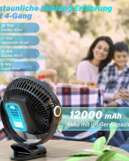 BIVBTP 20 cm Portable Clip-On Fan, 12000 mAh Battery Fan with Clip for Pushchair, 720 Degree Rotation, 4 Speeds, USB Desk Fan for Office, Outdoor Travel, Camping (Black)