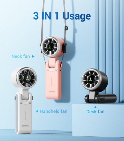 Diveblues Portable Turbo Handheld Fan, 9 m/s High Speed, 5-Level Wind, Rechargeable Battery, 3-in-1 Handy, Neck & Table Fan, Up to 12 Hours, for Travel, Office & Outdoor – Bild 3