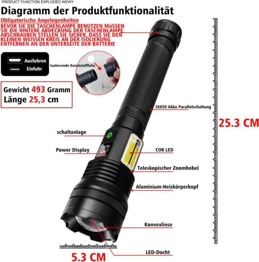ASORT Rechargeable Torch 990,000 Lumens, Extremely Bright USB Rechargeable Tactical Torches, Zoomable, IP67 Waterproof, 10 Light Modes for Home, Outdoor, Emergencies, Patrol, Camping (with Battery) – Bild 2
