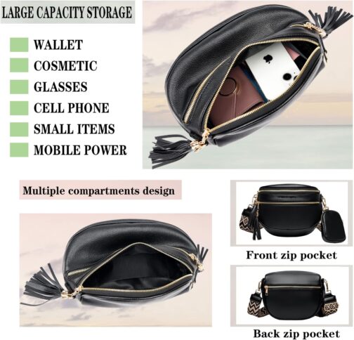 KUNKUN Bum Bag Women's Stylish Crossbody Bag Women's Wide Strap 5 cm Vegan Leather Shoulder Bag Chest Bag Black with Coin Purse, black, bum bag – Bild 4