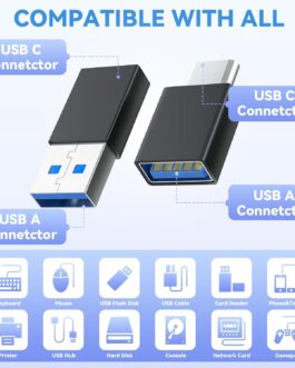 4 Pack USB-C to USB Adapters, with 2 Type-C Male to A Male Adapters & 2 USB-C Male to USB Female Adapters, Compatible with Apple Watch, iPhone 16 Pro Max 16Pro 16Plus 16, AirPods – Black