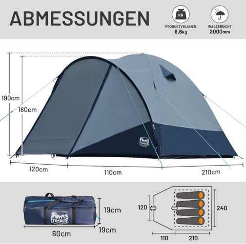TIMBER RIDGE Tent 4 Person Standing Height 190 cm Camping Tent Waterproof with Awning Ventilation Hats Family Tent Dome Tent for Outdoor Travel Trekking Garden Festival – Bild 3