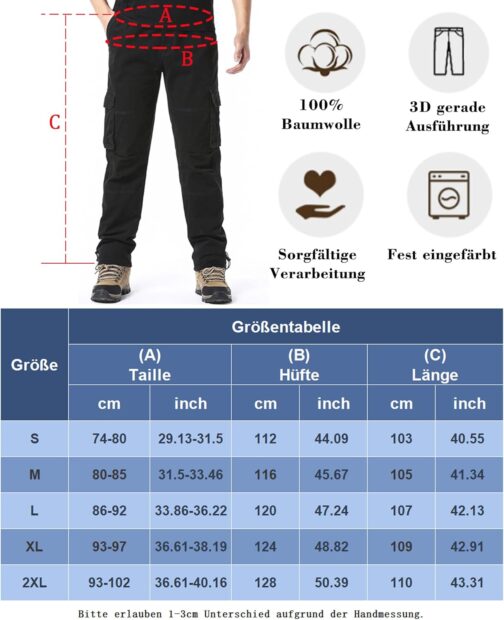 DUOLUVA Cargohose Herren Winter Lang Arbeitshosen Männer mit 6 Taschen mit Reißverschluss Universal Fit – Bild 7
