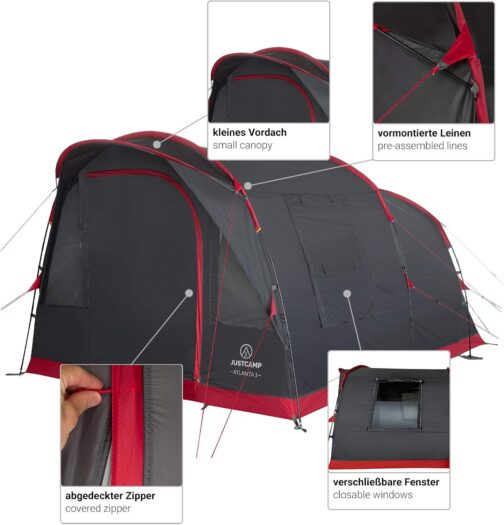 Justcamp Atlanta 3, 5 or 7 Person Family Tent - Tunnel Tent with Standing Height Including Canopy & Floor, Entrance with Fly Screen - Camping Tent Large, Spacious, Waterproof - Ideal for Camping & – Bild 3