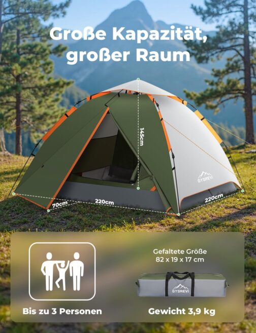 Gysrevi Camping Tent Quick Up Dome Tent Windproof Dome Tent 3-4 Tent People for Camping Outdoor Trekking – Bild 3