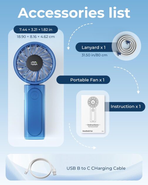 Peiyuu Portable Handheld Fan, Neck Fan, Mini Desk Fan, 4000mAh Long Battery Life, Safe and Reliable, 6 Speed Visual Adjustment (Blue) – Bild 8