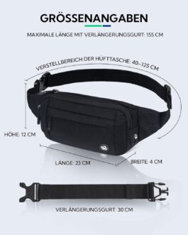 WATERFLY Bum Bag Waist Bag Men Women: Small Belt Bag Sport Bum Hip Bag Men Women Waist Fanny Pack with Extension Strap for Travel Hiking Dog Training Outdoor, black, money belt