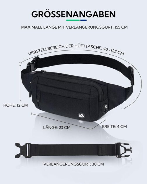 WATERFLY Bum Bag Waist Bag Men Women: Small Belt Bag Sport Bum Hip Bag Men Women Waist Fanny Pack with Extension Strap for Travel Hiking Dog Training Outdoor, black, money belt – Bild 2