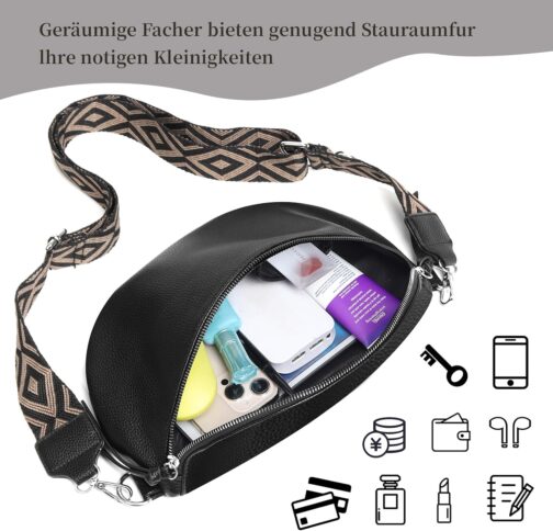 ER.Roulour Shoulder Bag Bum Bag Women's Soft Leather Belt Bag Waist Bag with Wide Strap and Coin Crossbody Bag, black, Retro – Bild 5