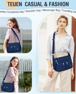 TEUEN Crossbody Bag Women’s Large Capacity Waterproof Nylon Shoulder Bag Women’s Medium Casual Handbag & Lightweight Shoulder Bag Large Messenger Bag with Many Compartments, blue, M, Minimal