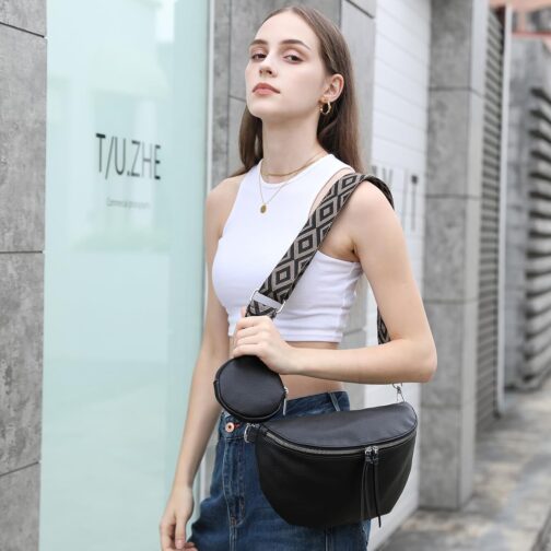 ER.Roulour Shoulder Bag Bum Bag Women's Soft Leather Belt Bag Waist Bag with Wide Strap and Coin Crossbody Bag, black, Retro – Bild 6