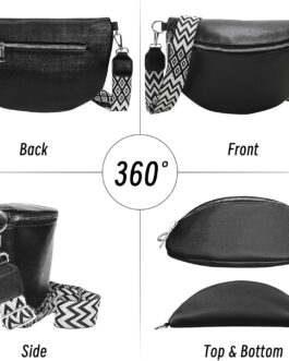 VidFair Shoulder Bag Women’s Large Bum Bag Stylish Elegant Modern Leather Water-Repellent Crossbody Bag Wide Strap Bum Bag Bags with Removable Shoulder Strap Festival Travel Everyday Black, black