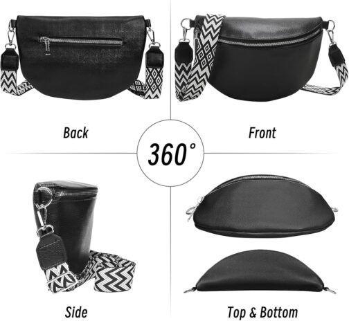 VidFair Shoulder Bag Women's Large Bum Bag Stylish Elegant Modern Leather Water-Repellent Crossbody Bag Wide Strap Bum Bag Bags with Removable Shoulder Strap Festival Travel Everyday Black, black – Bild 2