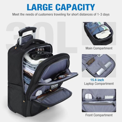 Ponhog Backpack with Wheels, Business Backpack Trolley Hand Luggage Aeroplane Travel Backpack Laptop Backpack with 15 Inch Laptop Compartment Backpack for University, Work, Black – Bild 3