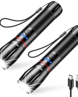 Blukar Rechargeable LED Torch, 2000 Lumens, Extremely Bright Zoomable Torches with 5 Light Modes and Long Operating Time, IPX6 Waterproof Torch for Camping, Hiking, Fishing, Emergencies, Pack of 2