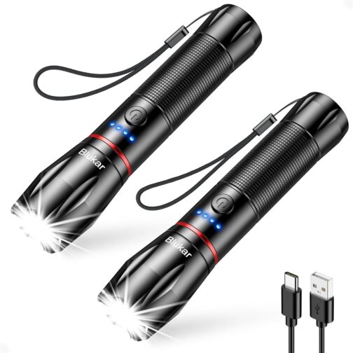 Blukar Rechargeable LED Torch, 2000 Lumens, Extremely Bright Zoomable Torches with 5 Light Modes and Long Operating Time, IPX6 Waterproof Torch for Camping, Hiking, Fishing, Emergencies, Pack of 2