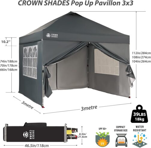Gazebo 3 x 3 Waterproof Stable Winterproof with 4 Side Panels, Pop Up Garden Gazebo UV Protection 50+, Party Tent for Outdoor Camping, 3-Way Height Adjustable, Gazebo with Carry Bag – Bild 3
