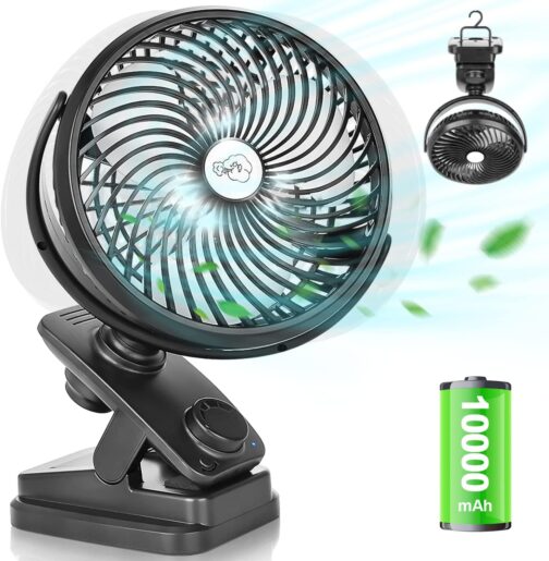 Oscillation Table Fan 10000 mAh Mini USB Fan Continuous Speed Quiet Clip Fan with LED Light, Portable Hanging Hook Camping Clamp Fans 100 Hours Rechargeable, Diameter 18 cm