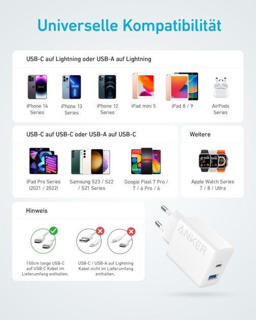 Anker 20 W USB C Charger, iPad Power Supply, USB Fast Charging Power Supply, iPad Charger, Compatible with iPhone 16/15/iPhone 15 Plus/iPhone 15 Pro/iPhone 15 Pro Max/iPad and More (with 150 cm USB-C – Bild 7