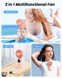 coldSky Portable Handheld Fan, 4000mAh USB Rechargeable Fan with LED Display, Handheld/Neck/Desk, 3 in 1 Personal Small Fan, 90° Foldable Desk Fan