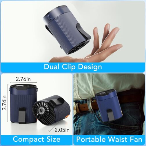 COZOME Portable Fan Battery, Small T-Shirt Fan with Clip, Rechargeable Waist Fan on Belt, Turbo Belt Fan with Hanging Rope, 4 Wind Strengths, USB C, 6600 RPM, Ideal for Work, Construction Site – Bild 6