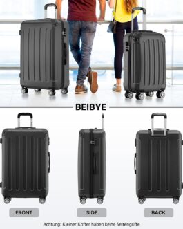 BEIBYE Hard Shell Suitcase, Trolley Suitcase, Travel Suitcase, Security Combination Lock, Twin Wheels, ABS Material, Hand Luggage, 4 Wheels (M / L / XL Set), black