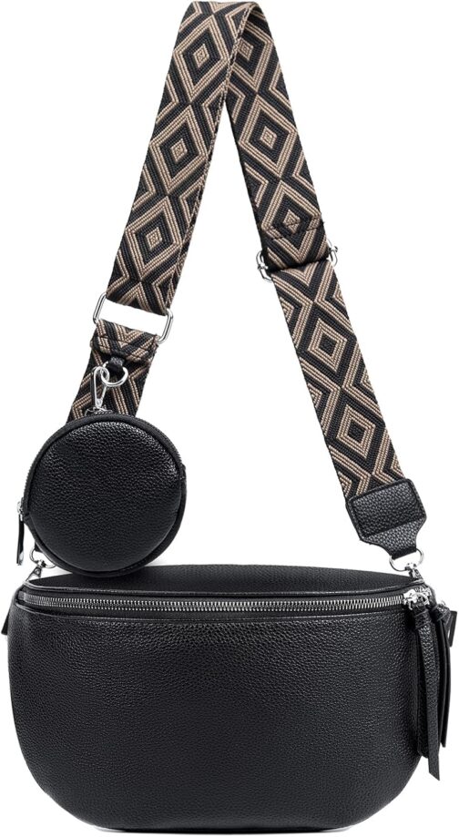 ER.Roulour Shoulder Bag Bum Bag Women's Soft Leather Belt Bag Waist Bag with Wide Strap and Coin Crossbody Bag, black, Retro
