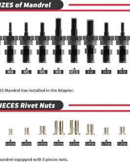 Beaspire Rivet Nut Adapter Kit for Electric Drill, Professional Cordless Screwdriver/Driver Rivet Adapter Kit, 10 Type Mandrels and 50 Rivet Nuts (M3-M10, 8-32, 10-24, 10-32 and 1/4-20), Robust Carry