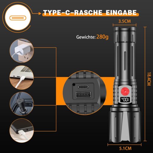BEYSTE Torch LED Rechargeable 1000000 Lumens LED Torch Extremely Bright Military Very Bright Battery Torch USB C Strong Tactical Torch Waterproof for Outdoor Emergencies – Bild 7