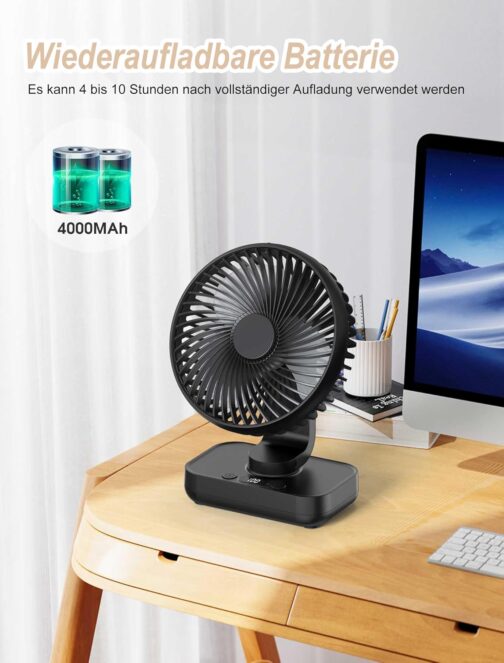 Joneytech Tischventilator Leise Automatisch Oszillierend, 4000mAh Akku USB Klein Tragbarer 4 Geschwindigkeiten LED-Digitalanzeige für den Schreibtisch, Zuhause, Picknicks und Büro- 12V mini ventilator – Bild 3