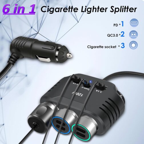 12 V USB Splitter 120 W Car Cigarette Lighter Adapter Car Charger 3 Multiple Socket Splitter DC 24 V Plug Charging Cable with 3 USB Ports for Mobile Phone Seat Heating GPS DashCam Sat Nav – Bild 3