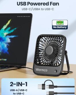 Warmco USB Table Fan, Pack of 2, USB C Wired Personal Fan with Strong Air Flow and Quiet Operation, 3 Speeds, Compact and Foldable, Ideal for Office and Home