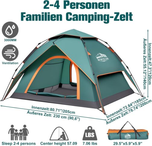 Newfulam Camping Tent 3-4 People, 60S Car Pop Up Tent, Waterproof Dome Tents, Pop Up Tent, Quick Assembly with 2 Mesh Doors, UV, Windproof for Camping, Outdoor, Trekking – Bild 8