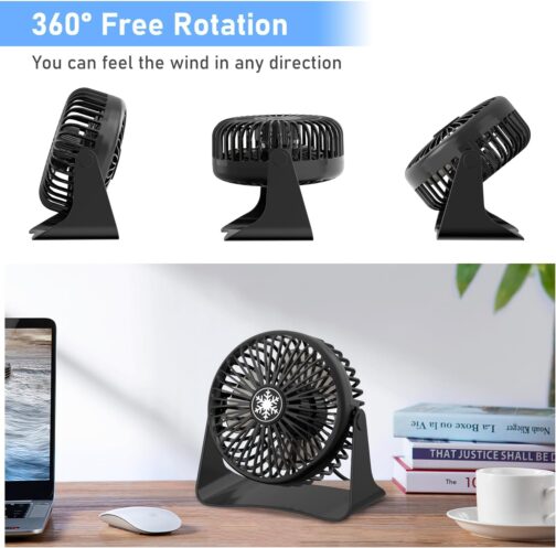 JATEKA Mini USB Table Fan, 3 Speeds Strong Fan with 1.2 m USB Cable, Desktop Quiet Fan 360° Rotation Adjustment, Removable Grid for Office and Bedroom - Black – Bild 3