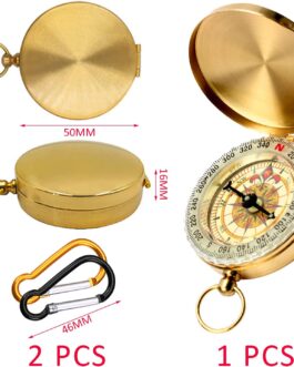 1 Piece Golden Compass Pocket Watch with 2 Pieces Carabiners (Black and Orange) Outdoor Direction Compass Pure Copper Luminous Compass Pocket Watch for Mountaineering and Other Activities