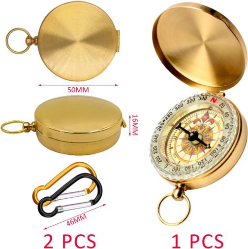1 Piece Golden Compass Pocket Watch with 2 Pieces Carabiners (Black and Orange) Outdoor Direction Compass Pure Copper Luminous Compass Pocket Watch for Mountaineering and Other Activities – Bild 2