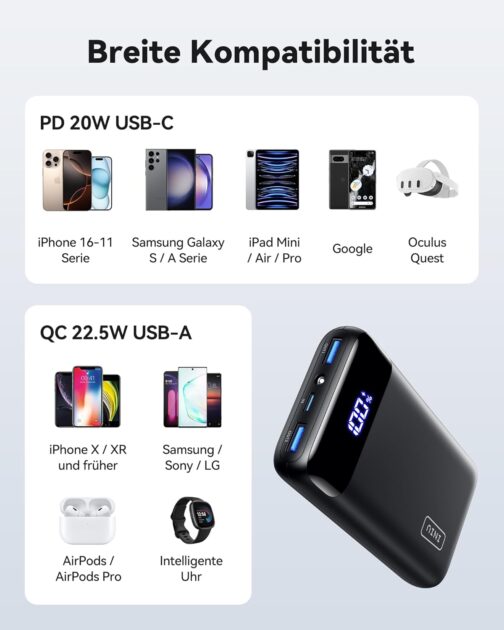 INIU Power Bank, 20,000 mAh, Fast Charging, USB-C Input & Output, 22.5 W External Mobile Phone Batteries, PD 3.0 QC 4.0, Small, Strong, for iPhone 15/14/13/12 Pro, Samsung Galaxy S23, etc. – Bild 5