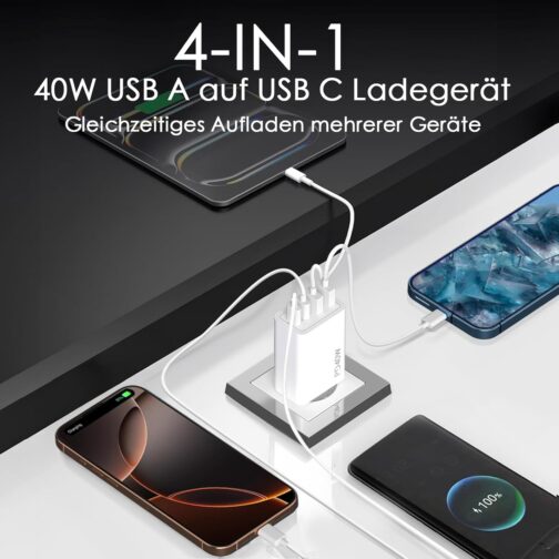 USB C Charger, 40 W 4 Ports Multiple Charger with USB-C and USB-A, PD Power Adapter Quick Charger USB Power Supply for iPhone 16 15 14 13 12 11 Pro Max SE 8, iPad, Pixel, Mobile Phone Plug Charger – Bild 2