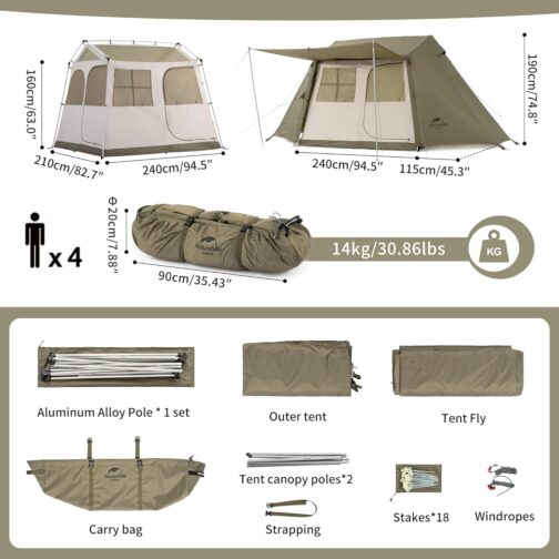 Naturehike Village 5.0㎡ Family Tent Pop Up Tent Home Tent Camping Tent Camping Tent for 2-4 People Large Tunnel Tent with 2000 mm Hydrostatic Head – Bild 2