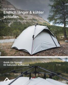 qeedo Quick Ash Dark Series Second Tent Fully Darkened Inside, Waterproof, Lightweight & Robust – Camping Tent for 2 People, Dome Tent with Small Canopy, Mosquito Net & Quick Assembly System