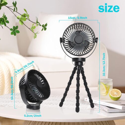 Simpeak Camping Fan, Table Fan, Mini USB Fan, Quiet, 5200 mAh Battery Fan with LED Light, Adjustable Tripod, 3 Speeds, 720° Rotation, Black – Bild 3