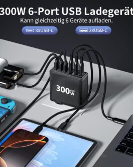 HSSNS 300 W USB-C Charger, 6 Port USB Charger, Multiple Fast Charger with 3 USB-C and 3 USB-A, GaN PD Charger USB C for MacBook iPad Pro/Air, iPhone 16 15 Pro Max, Samsung etc.