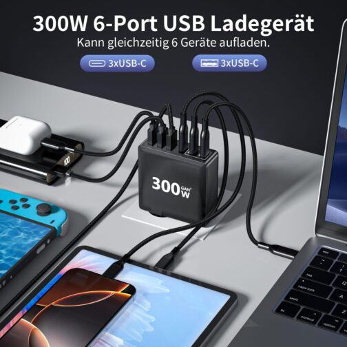 HSSNS 300 W USB-C Charger, 6 Port USB Charger, Multiple Fast Charger with 3 USB-C and 3 USB-A, GaN PD Charger USB C for MacBook iPad Pro/Air, iPhone 16 15 Pro Max, Samsung etc. – Bild 2