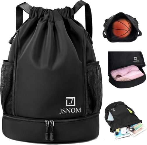 JSNOM Gym Bag Sports Bag Men Women: Backpack Bag Drawstring Waterproof Large with Outer Pocket Zip Inner Pocket for Teenagers Boys Girls Men Women (Black)