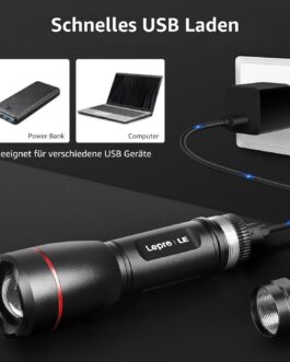 LE Extremely Bright LED Torch Rechargeable USB, 15000 Lux Osram P9 Torches, IPX7 Waterproof Zoomable Torch with 5 Modes, Rechargeable Tactical Torch for Camping, Outdoor, Hiking