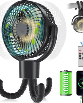 360° Oscillation Fan Pushchair with Remote Control, 10000 mAh Battery Mini Table Fan 4 Levels, Quiet Portable Camping USB Fan with LED Light, Timer, Fan Flexible Tripod 56 Hours, Diameter 17.2 cm