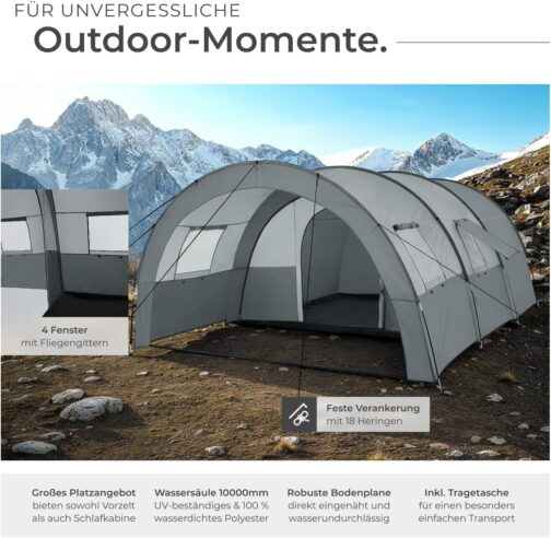 tectake® Tunnel Tent, 6 People, Family Tent, Large Tent with Awning and Groundsheet, UV Protection, Camping Tent with Carry Bag, 350 x 480 x 195 cm, Dark Grey/Light Grey – Bild 3