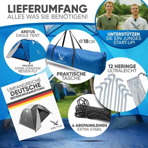 Aretus ® Eagle Tent Large Pop Up 2, 3, 4 Person Tent with Awning, Waterproof 2 Compartments Ventilated UV Protection for Camping Festival with 2 in 1 Function – Bild 6