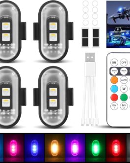 DAJASD Pack of 4 Wireless LED Lights, 8 Colours Strobe Drone Light, Remote Control Flash Light with Remote Control, USB Charging, Anti-Collision Lights, LED Aeroplane Flash Light for Drone Motorcycle